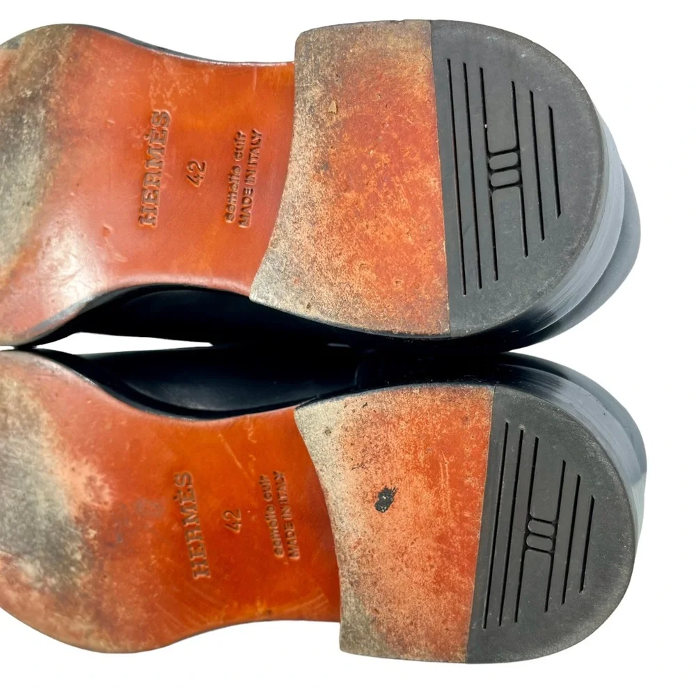 Hermès Men’s 42 Double Monk Strap Black Calfskin Dress Shoes Silver‎ Buckles